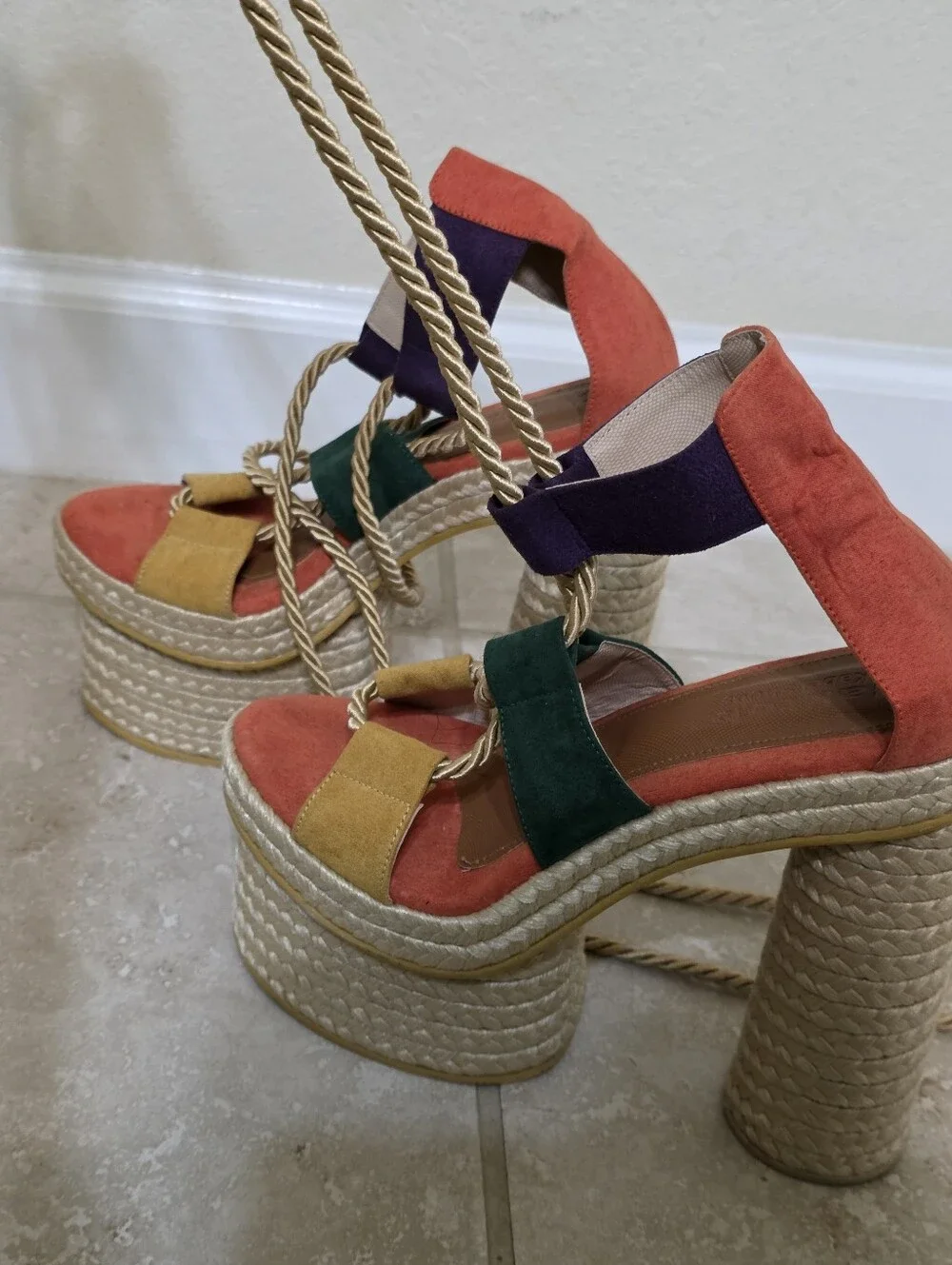 Vibrant Colorblock Platform Espadrille Lace-Up Sandals. US 6.5